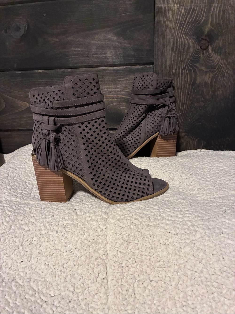London Rag Perforated Tassel Peep-Toe Block Heel Ankle Boots - Gray, Serena, 9